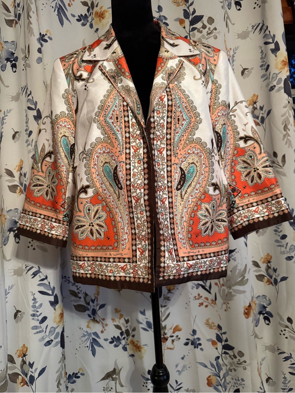 TanJay Paisley Boho Floral Blazer in Cream, Coral & Turquoise Size 14 Petite B10